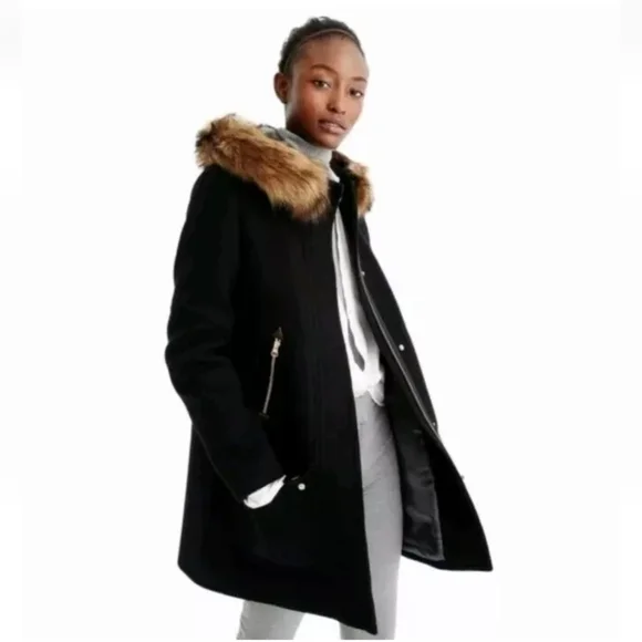 J Crew Chateau Black Wool Stadium Cloth Parka Fur Hood Coat‎ - Picture 5 of 16
